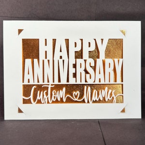 Tarjeta de aniversario personalizada, tarjeta con nombres personalizados, tarjeta de aniversario para parejas, tarjeta de aniversario de bodas, nombre monograma, papel metálico recortado