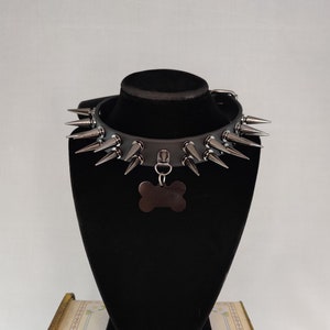 Spiked faux leather choker with dog tag and gunmetal hardware / Guard Dog (MTO) / punk, goth, alt