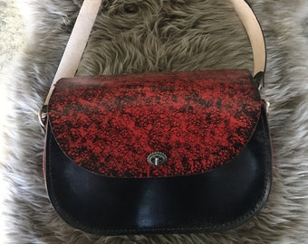 Leather Purse, Handmade of Genuine Leather, Black with Red Accents and Shoulder Strap