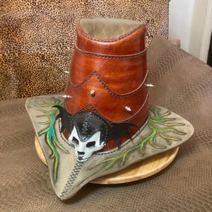 Leather Demon/Vampire Hunter Hat with Skull, Brown and Grey with Vine Accents