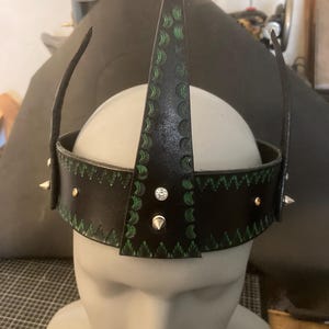 Black Leather Crown with Green Accent Border, Studs, and Faux Crystals