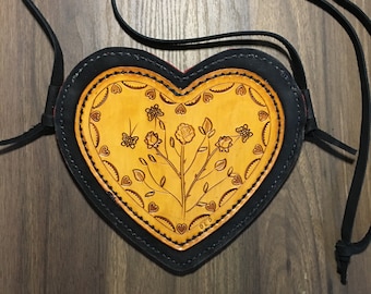 Leather Heart-Shaped Purse with Shoulder Strap, Black and Red Suede with Hand Tooled Heart