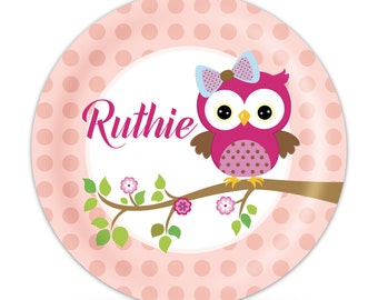 Kids Owl Plate Childs Name Gift Pink Woodland Bird Owl Melamine Personalized Plate Lime Green Chevron Owl Dinner Plate You Pick Owl