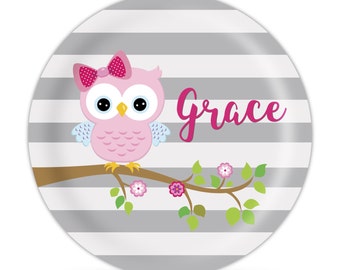 Kids Owl Plate Childs Name Gift Pink Woodland Bird Owl Melamine Personalized Plate Lime Green Chevron Owl Dinner Plate You Pick Owl