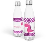 Personalized Dinosaur Water Bottle - Purple Stars Dino Stainless Steel Water Bottle, Pink Girl Dino T-Rex Bottle - Childs Name Gift