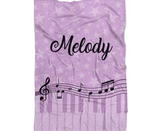 Music Blanket - Purple Stars Piano Keys Soft Throw Blanket, Lavender Keyboard Musical Staff Notes Personalized Blanket - Kids Name Gift