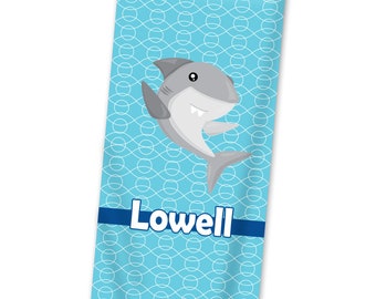 Personalized Shark Beach Towel - Turquoise Blue Water Shark Lightweight Pool Towel, Gray Great White Shark Bath Towel - Kids Name Gift