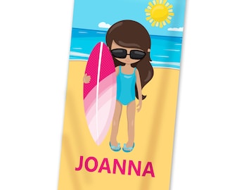 Surf Kids Beach Towel - Sunny Beach Surf Lightweigh Pool Towel, Pink Surfer Girl Surf Personalized Towel, You Pick Girl - Childs Name Gift