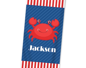 Ocean Personalized Beach Towel - Red Crab Nautical Navy White Pool Towel, Ocean Beach Lightweight Towel - Kids Name Gift