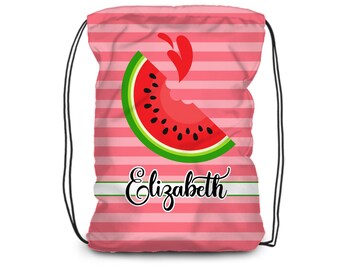 Watermelon Kids Drawstring Backpack - Coral Pink Watermelon Cinch Sack, Sweet Juicy Watermelon Fruit Personalized Bag - Childs Name Gift