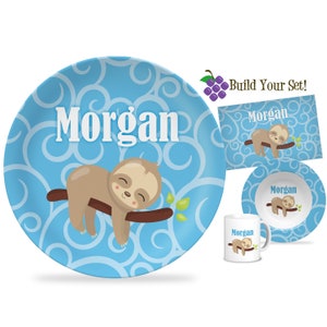 Sloth Plate - Aqua Blue Swirls Cute Sloth Dinner Plate Set, Sleepy Little Sloth Personalized Plate, You Pick Sloth - Kids Name Gift