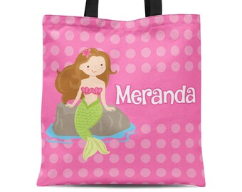 Mermaid Personalized Tote Bag - Pink Polka Dot Mermaid Sack, Cute Ocean Mermaid Tote Bag, You Pick Mermaid - Kids Name Gift