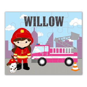 Firefighter Puzzle - Blue Big City Fire Fighter Fire Truck, Kids Pink Firetruck Personalized Puzzle, You Pick Girl - Childs Name Gift