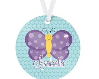 Kids Butterfly Ornament - Turquoise Dots Holiday Memory Decor, Purple Butterfly Personalized Christmas Tree Ornament - Childs Name Gift