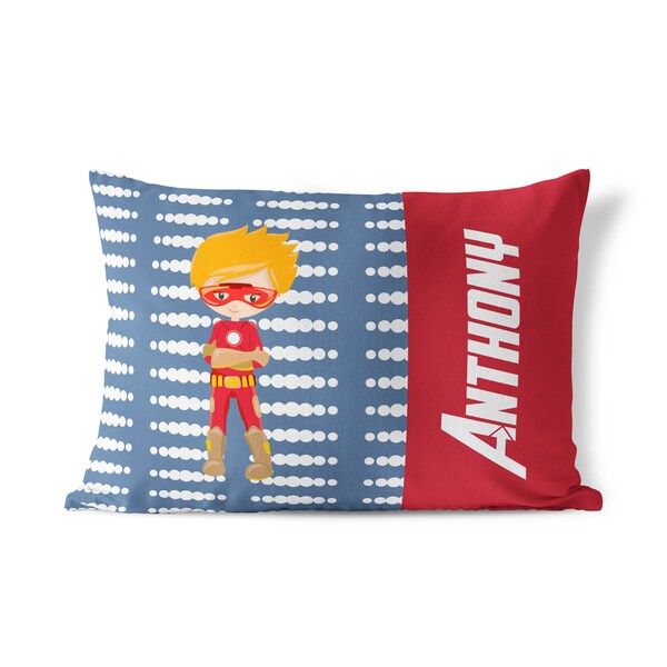 Kids Superhero Pillowcase - Blue Dots Hero Standard Pillow, Red Super Boy Personalized Bedding Pillow Case, You Pick Boy - Childs Name Gift