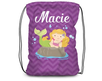 Mermaid Personalized Drawstring Backpack - Purple Chevron Mermaid Cinch Sack, Ocean Mermaid Bag, You Pick Girl - Kids Name Gift