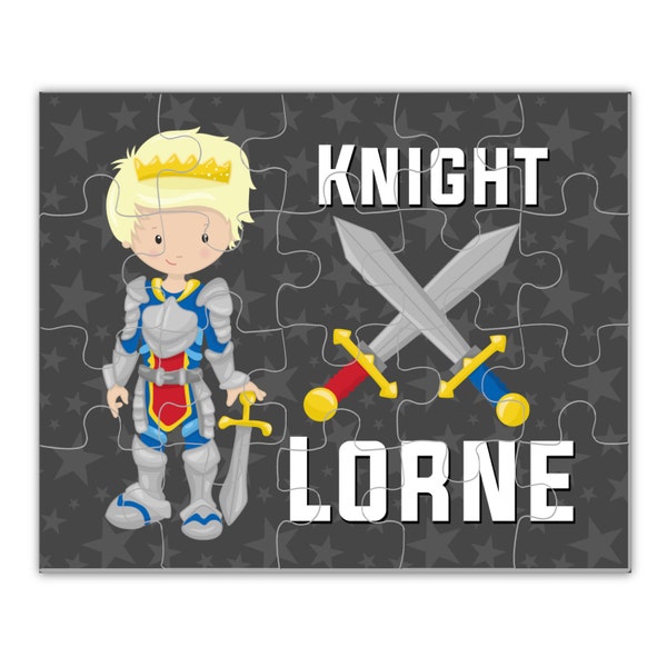 Knight Puzzle - Gray Star Red Blue Swords Fight Puzzle, Kids Royal Prince Knight Personalized Puzzle, You Pick Boy - Childs Name Gift