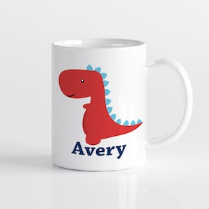 Dinosaur Personalized Mug - Red TRex Dino Drinkware Cup, Jurassic Dino Mug, You Pick Dino, Plastic Metal Ceramic Kids Mug - Childs Name Gift