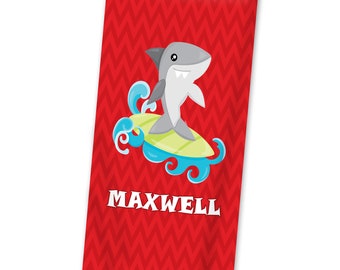 Kids Shark Beach Towel - Red Chevron Surfing Shark Lightweight Pool Towel, Silly Gray Shark Personalized Bath Towel - Childs Name Gift