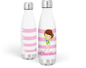 Gymnastic Water Bottle - Tumble Gymnast White Stainless Steel Bottle, Pink Gymnastic Personalized Waterbottle, You pick Girl - Kid Name Gift