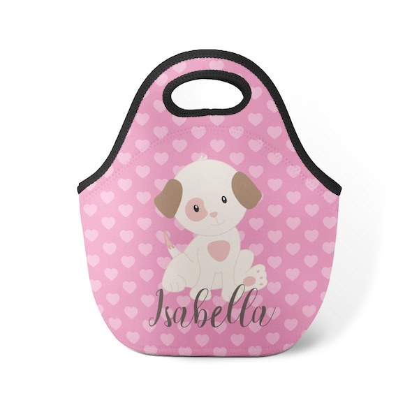 Personalized Puppy Dog Lunch Tote - Pink Hearts Doggie Snack Sack, Kids Happy Tan Brown Pup Dog Neoprene Lunch Bag - Childs Name Gift