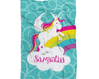 Unicorn Blanket - Turquoise Swirl Unicorn Throw Decoration, Magical Rainbow Unicorn Personalized Blanket, You Pick Unicorn - Kids Name Gift