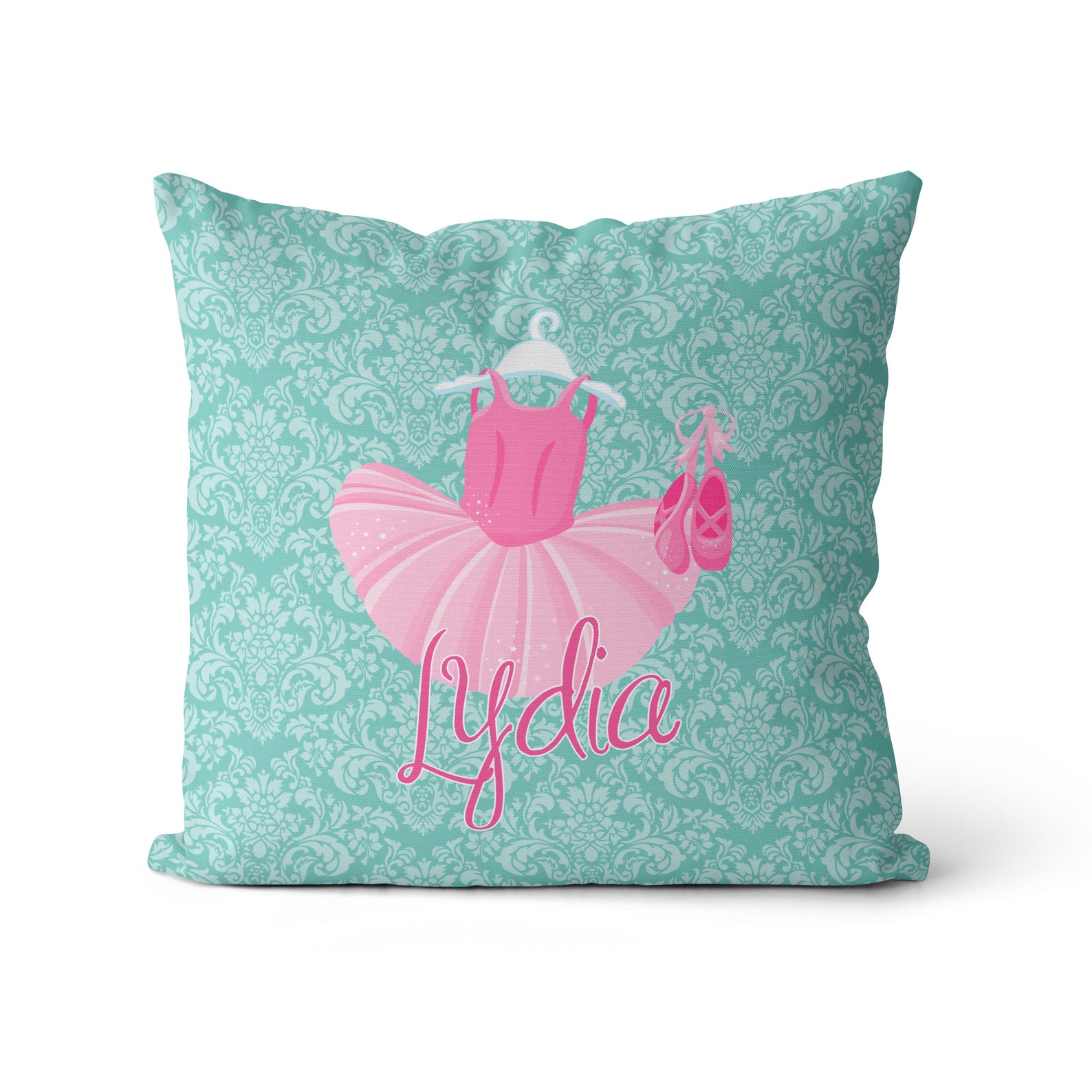 ballet pillow case - turquoise damask ballerina pillow, pink tutu, ballet shoes, ballet personalized throw pillow - kids name gi