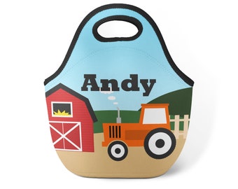 Personalized Farm Lunch Tote - Red Barn Blue Sky Farmer Snack Sack, Orange Farm Tractor Neoprene Lunch Bag, You Pick Tractor - Kid Name Gift