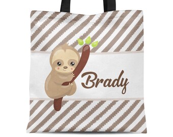 Kids Sloth Tote Bag - Brown Stripes Sleepy Animal Sack, Little Hanging Branch Sloth Personalized Tote Bag, You Pick Sloth - Childs Name Gift
