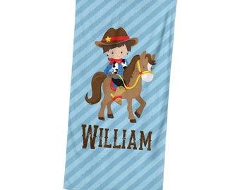 Personalized Cowboy Beach Towel - Blue Stripes Cowboy Lightweight Pool Towel, Boy Sherriff Horse Rider Towel, You Pick Boy - Kids Name Gift