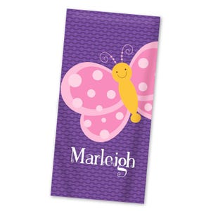 Personalized Butterfly Beach Towel - Purple Dots Butterfly Lightweight Pool Towel, Pink Fluttery Butterfly Towel - Kids Name Gift