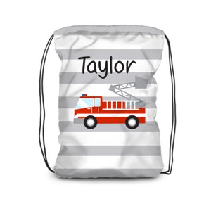 Personalized Fire Truck Drawstring Backpack - Gray Stripe Firetruck Cinch Sack, Kids Red Firetruck Bag - Childs Name Gift