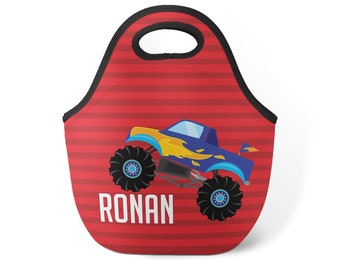 Monster Truck Kids Lunch Tote - Red Stripes Racing Snack Sack, Blue Truck Neoprene Personalized Lunch Bag, You Pick Truck - Childs Name Gift