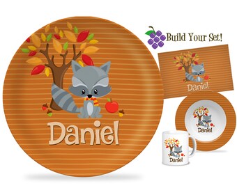 Raccoon Fall Plate - Orange Stripe Thanksgiving Dinner Plate, Gold Fall Autumn Animals Personalized Plate, You Pick Animal - Kids Name Gift