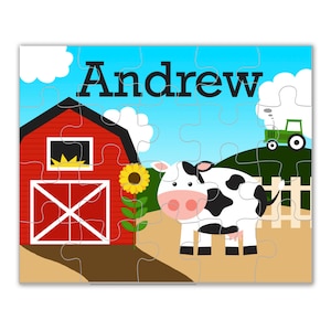 Personalized Farm Puzzle - Farm Animal Cow Puzzle, Red Barn Green Tractor Farmer Personalized Puzzle, You Pick Animal - Kids Name Gift