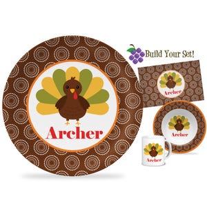 Thanksgiving Plate - Brown Dots Fall Turkey Dinner Plate Set, Autumn Harvest Holiday Thanksgiving Personalized Turkey Plate - Kids Name Gift
