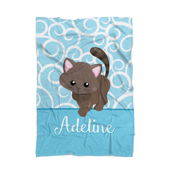 Cat Kids Blanket - Blue Swirls Kitten Soft Throw Blanket Decor, Brown Kitty Cat Personalized Blanket, You Pick Cat - Childs Name Gift