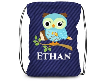 Kids Owl School Drawstring Backpack - Navy Blue Stripes School Owl Cinch Sack, Teal Owl Personalized Bag, You Pick Owl - Childs Name Gift