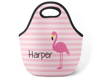 Personalized Flamingo Lunch Tote - Pink Stripes Flamingo Snack Sack, Hot Pink Flamingo Neoprene Insulated Lunch Tote Bag - Kids Name Gift