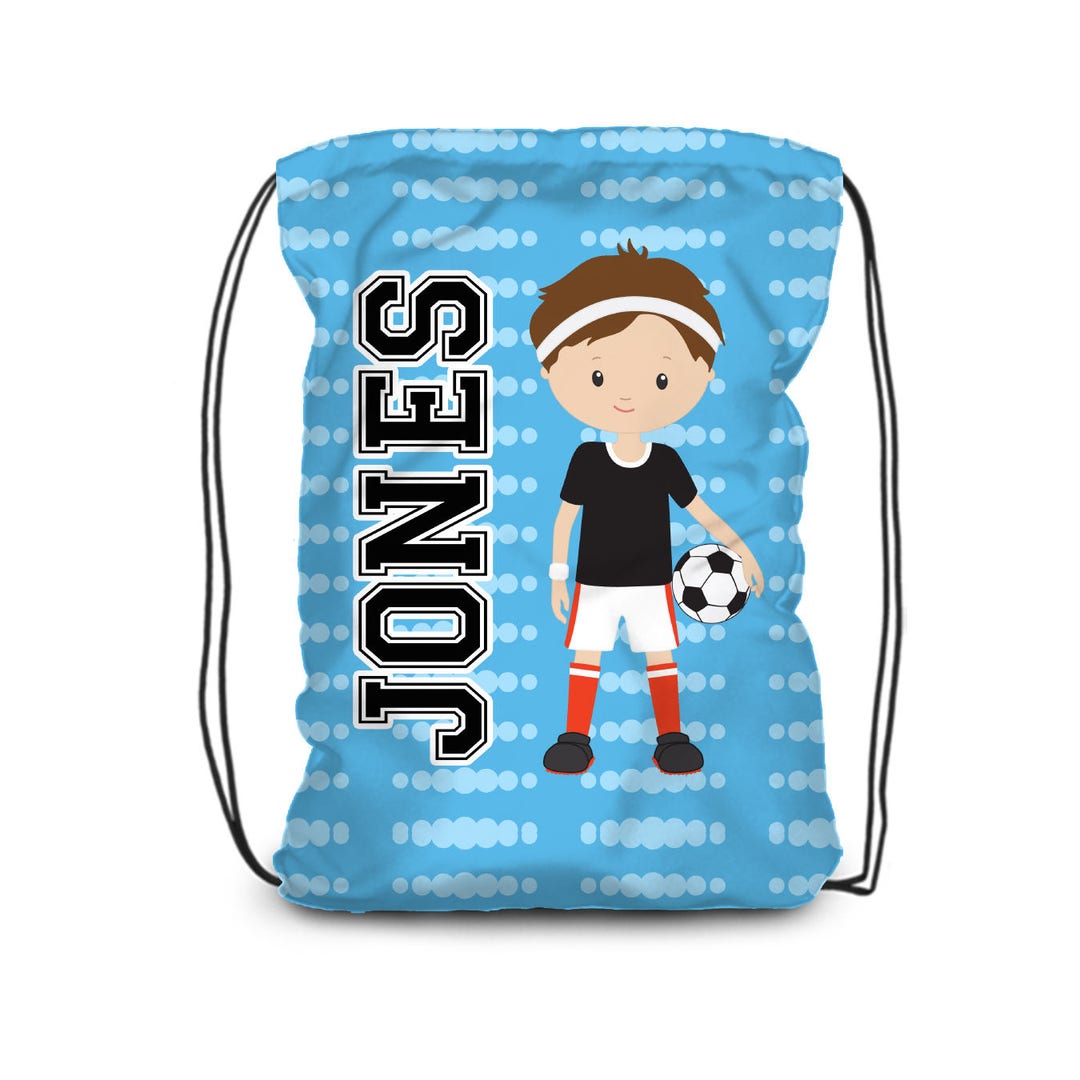 Soccer Drawstring Backpack Blue Dot Stripes Sports Team Cinch Sack, Boy