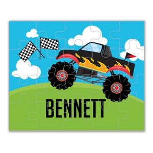 Monster Truck Puzzle - Blue Sky Racer Truck Puzzle, Black Flames Monster Truck Personalized Puzzle, You Pick Truck Color - Kids Name Gift