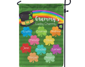 Grammys Garden Flag - Green St Patricks Day Flag, Rainbow Shamrock Grandkid Names Personalized Grandma Yard Sign Decor - St Patty's Day Gift