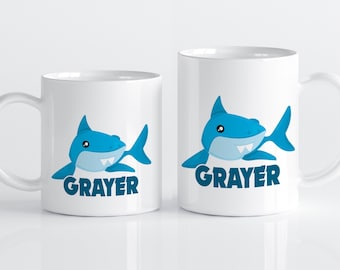 Kids Shark Mug - Blue Ocean Shark Drinkware Cup, Big Blue Water Shark Personalized Mug, You Pick Plastic Metal or Ceramic - Childs Name Gift