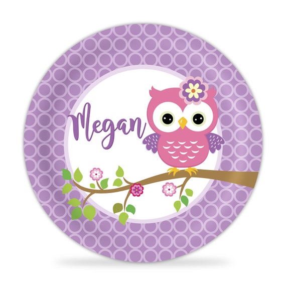 Kids Owl Plate Childs Name Gift Pink Woodland Bird Owl Melamine Personalized Plate Lime Green Chevron Owl Dinner Plate You Pick Owl