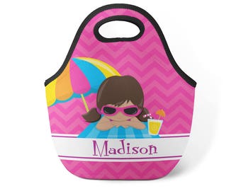 Beach Personalized Lunch Tote - Hot Pink Chevron Seashore Snack Sack, Kids Beach Neoprene Lunch Bag, You Pick Girl - Childs Name Gift