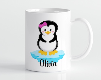 Penguin Personalized Mug - Pink Purple Girl Penguin Cup, Artic Iceberg Animal Mug, You Pick Penguin, Plastic Metal Ceramic - Kids Name Gift