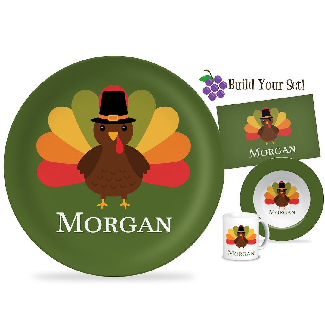 Kids Thanksgiving Plate Green Fall Turkey Dinner Plate Set Etsy