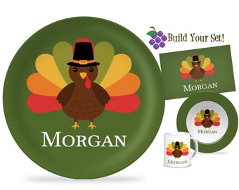 Kids Thanksgiving Plate - Green Fall Turkey Dinner Plate Set, Holiday Pilgrim Thanksgiving Turkey Personalized Plate - Childs Name Gift