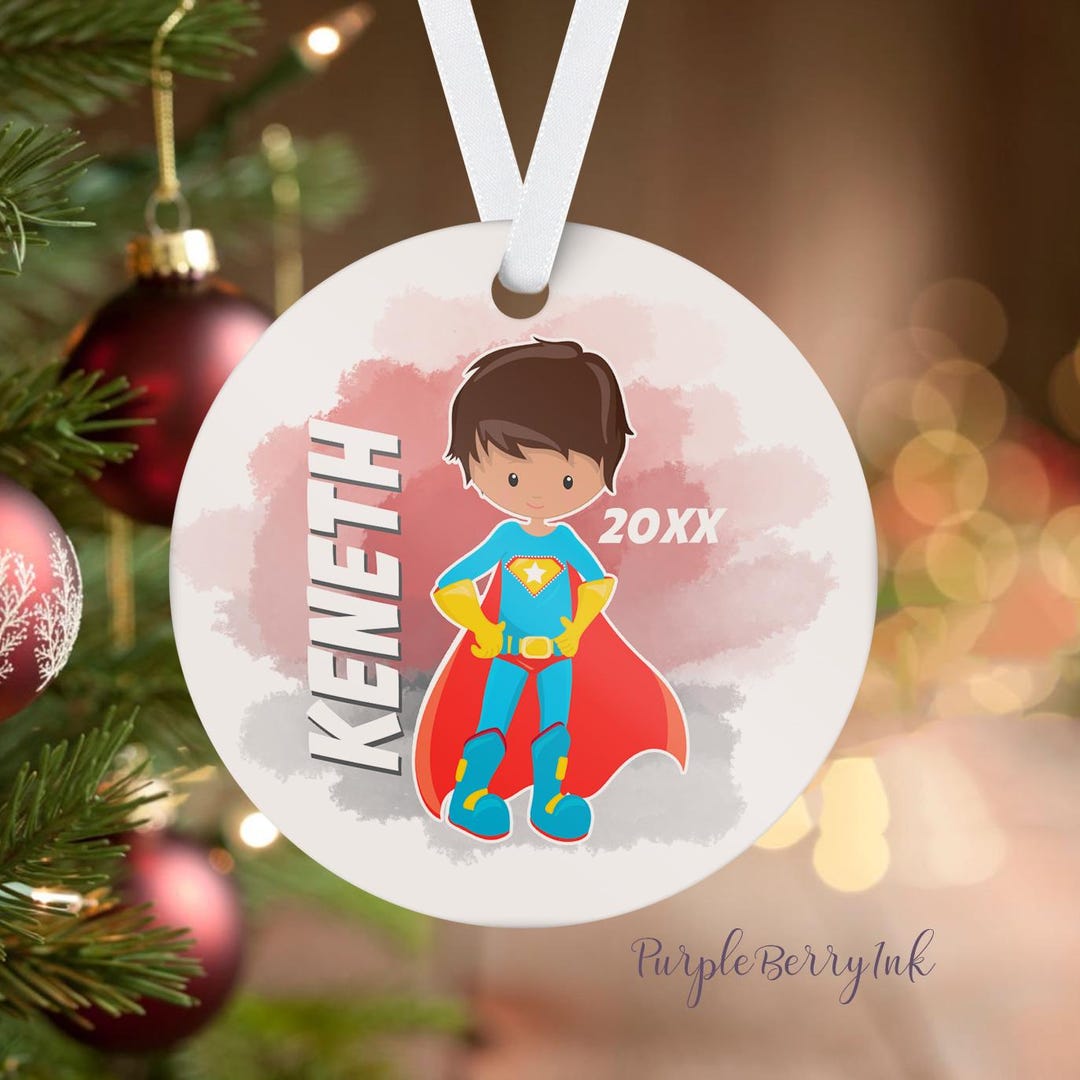 Superhero Ornament - Red Super Boy Holiday Decor, Blue Super Hero Personalized Christmas Tree ...