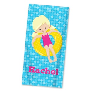 Pool Beach Towel - Blue Polka Dots Swimmer Lightweight Pool Towel, Pink Swim Tube Pool Personalized Towel, You Pick Girl - Kids Name Gift